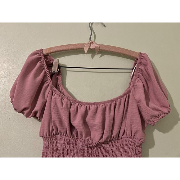 Love Tree Smocked Mini Dress Pink Puff Sleeve Ruffle Hem Square Neck Size M Cott - Picture 12 of 14